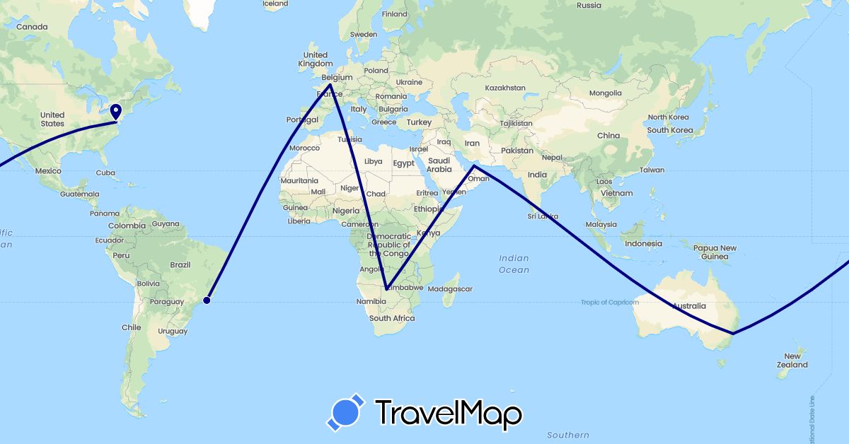 TravelMap itinerary: driving in United Arab Emirates, Australia, Brazil, Botswana, France, United States (Africa, Asia, Europe, North America, Oceania, South America)